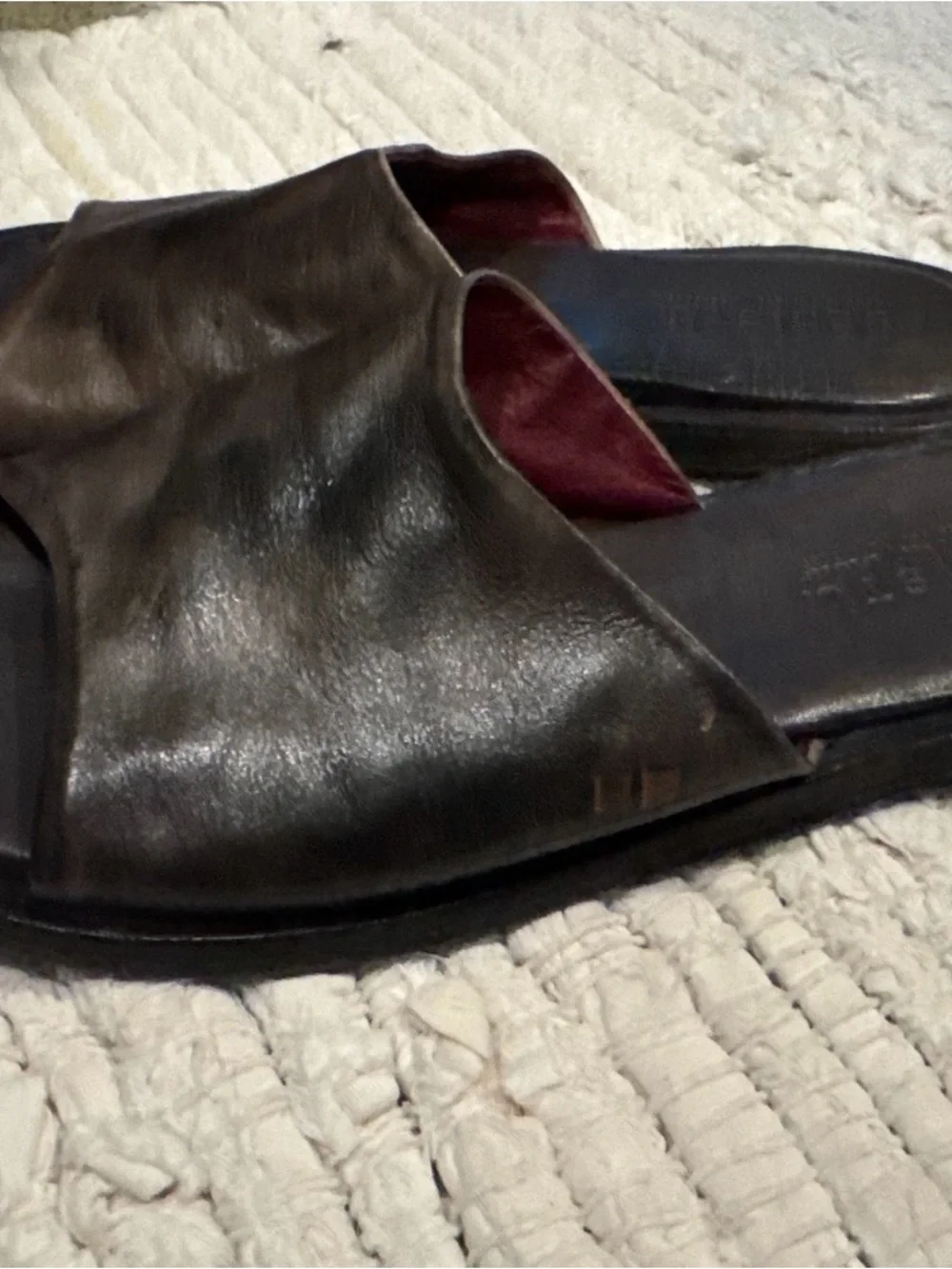 BED|STU Brown Leather Slide Sandals with Burgundy Interior